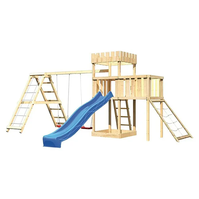 Karibu Kinderspielturm Ritterburg Löwenherz Set 49 - L x B x H: 264 x 522 x 259,5 cm, Natur/Blau - Holzspielplatz mit Schaukel, Rutsche, Turm und Klettergerüst für stundenlangen Spaß im Freien. Perfekt für Kinder.