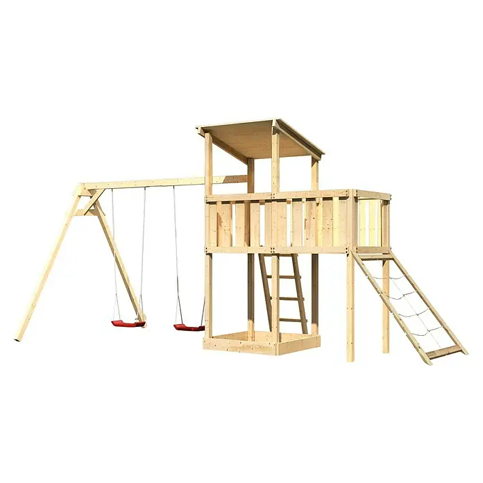 Karibu Kinderspielturm Anna Set 43 - L x B x H: 264 x 454 x 270 cm, Natur - Abenteuerlicher Holzspielturm mit Schaukel und Kletterwand für stundenlangen Spielspaß im Garten.
