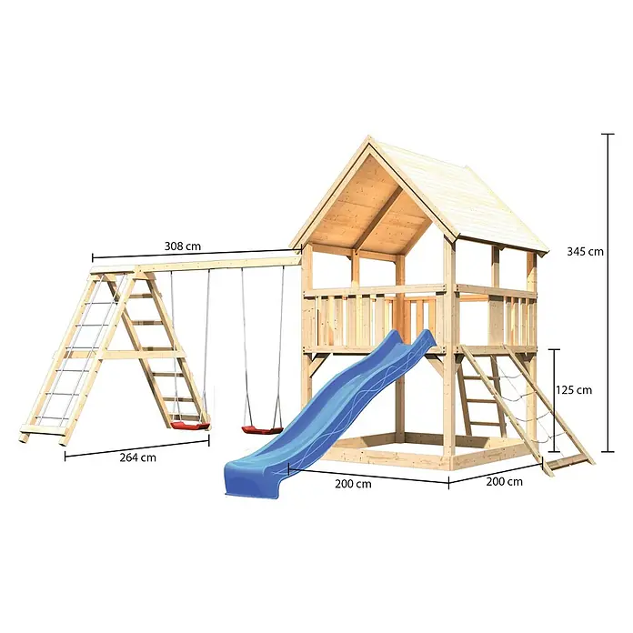 Karibu Kinderspielturm Luis Set 22 - L x B x H: 264 x 508 x 345 cm, Natur/Blau - Spielturm mit Rutsche und Schaukel mit den Maßen 345 cm Höhe, 308 cm Breite und 264 cm Tiefe für Kinder zum Spielen im Garten.