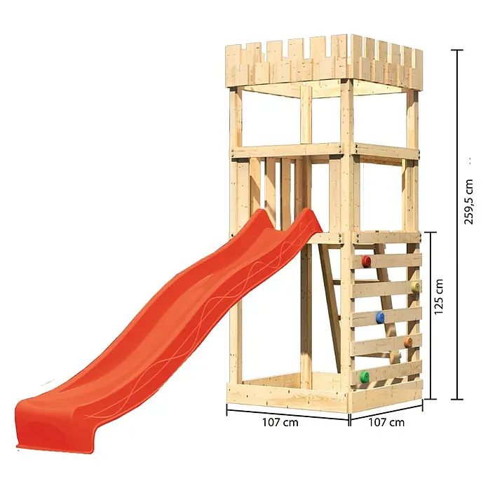 Karibu Kinderspielturm Ritterburg Löwenherz Set 18 - L x B x H: 107 x 107 x 259,5 cm, Natur/Rot - Das Bild zeigt einen Spielturm mit Rutsche und Kletterwand. Der Turm ist aus Holz gefertigt und hat die Maße 107 x 107 x 259,5 cm.