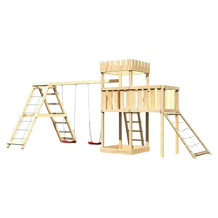 Karibu Kinderspielturm Ritterburg Löwenherz Set 44 - L x B x H: 264 x 522 x 259,5 cm, Natur - Holzspielplatz mit Schaukeln, Kletterwand und Turm für Kinder zum Spielen und Spaß haben im Garten.