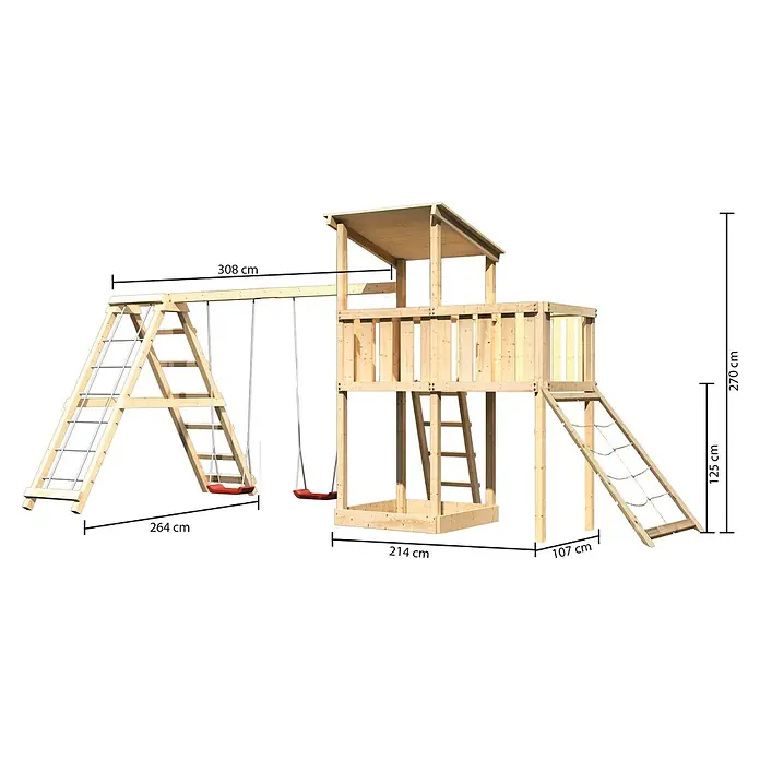 Karibu Kinderspielturm Anna Set 44 - L x B x H: 264 x 522 x 270 cm, Natur - Abbildung eines Holzspielplatzes mit Schaukel, Klettergerüst und Rutsche mit Netzen. Abmessungen sind zur Orientierung angegeben.