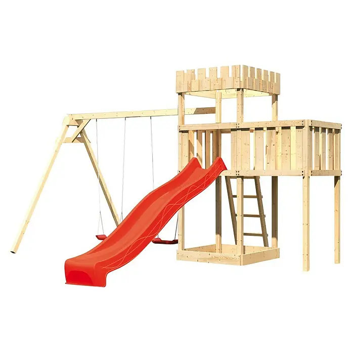 Karibu Kinderspielturm Ritterburg Löwenherz Set 28 - L x B x H: 264 x 454 x 259,5 cm, Natur/Rot - Holzspielplatz mit Schaukel, roter Rutsche, Kletterturm und Leiter für Kinder zum Spielen und Spaß haben im Garten.
