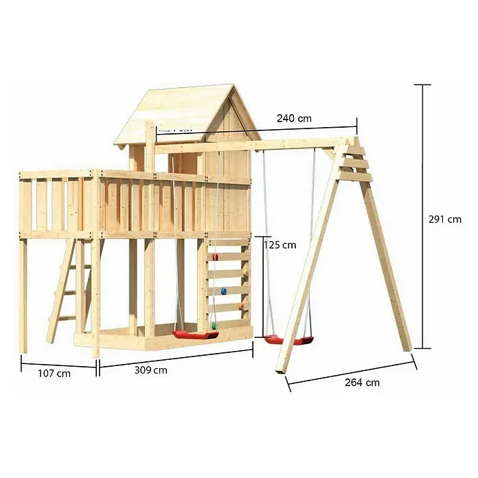 Karibu Kinderspielturm Frieda Set 45 - L x B x H: 264 x 247 x 291 cm, Natur - Bild eines Holzspielplatzes mit Schaukel, Rutsche und Kletterwand, inklusive Maßangaben für die Dimensionen.