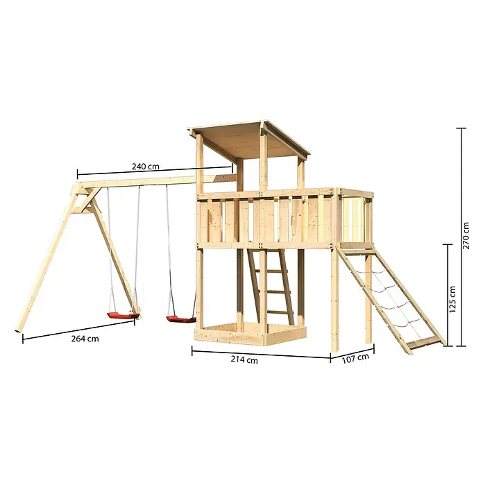 Karibu Kinderspielturm Anna Set 43 - L x B x H: 264 x 454 x 270 cm, Natur - Abenteuerlicher Spielturm mit Schaukel und Kletternetz, bietet stundenlangen Spaß im Garten. Robustes Design für sicheres Spielen.