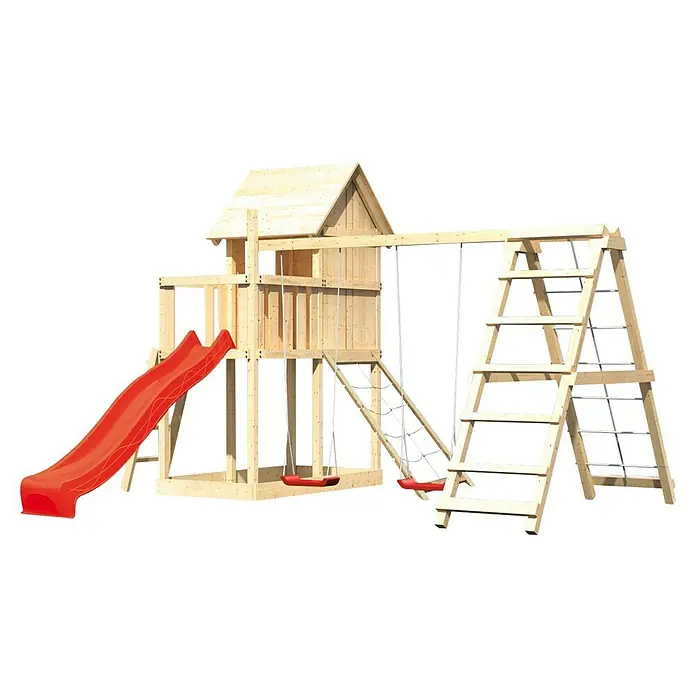Karibu Kinderspielturm Frieda Set 34 - L x B x H: 264 x 315 x 291 cm, Natur - Ein detailreiches Bild eines hölzernen Spielturms mit Rutsche, Schaukeln, Kletterwand und Leiter auf schwarzem Hintergrund.