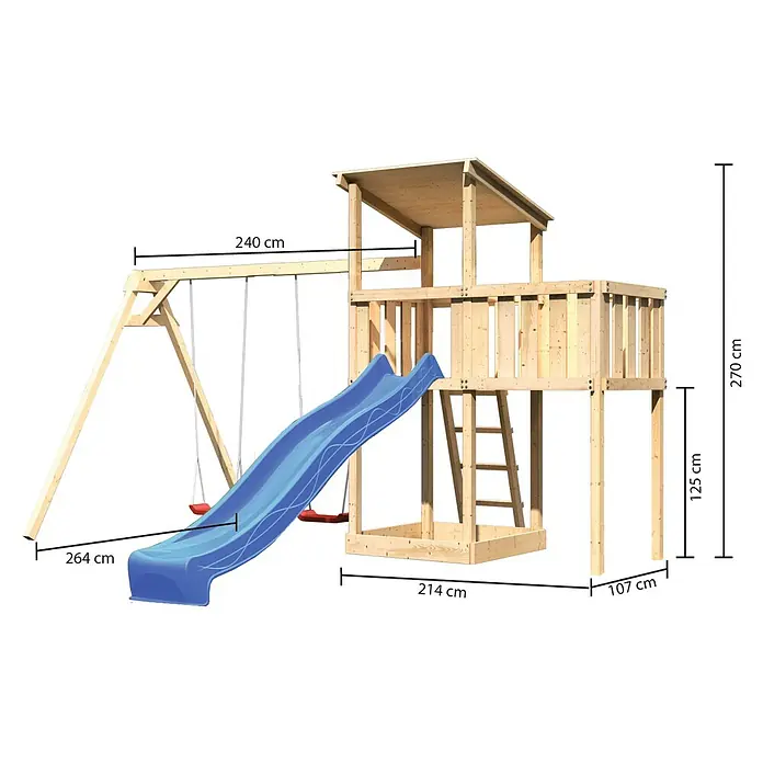 Karibu Kinderspielturm Anna Set 27 - L x B x H: 264 x 254 x 270 cm, Natur - Abbildung eines Kinderspielturms mit Rutsche, Schaukel und Klettergerüst, versehen mit Maßangaben.