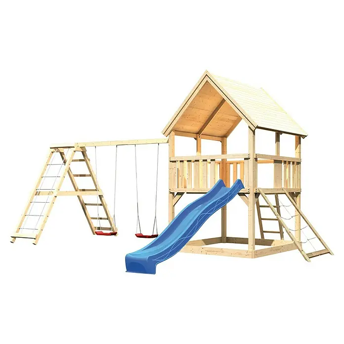 Karibu Kinderspielturm Luis Set 22 - L x B x H: 264 x 508 x 345 cm, Natur/Blau - Abenteuerlicher Holzspielplatz mit Schaukeln, Rutsche und Klettergerüst für stundenlangen Spaß im Freien.