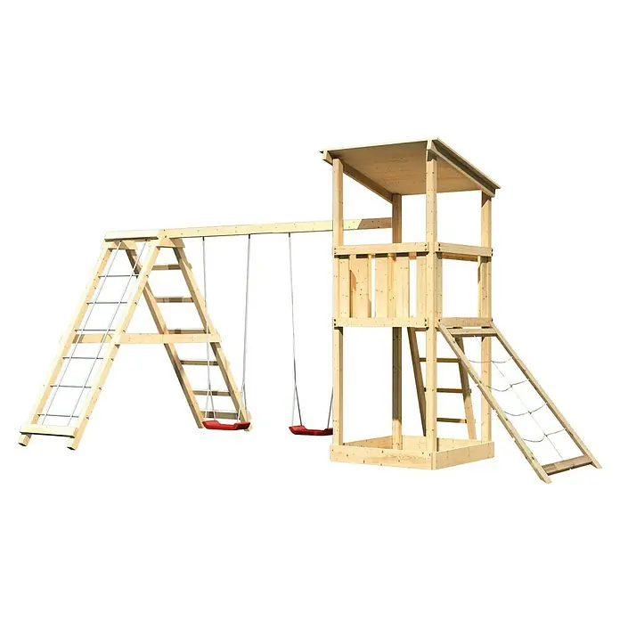 Karibu Kinderspielturm Anna Set 22 - L x B x H: 264 x 415 x 270 cm, Natur - Holz-Spielturm mit Schaukel und Leiter. Ein fantastisches Spielgerät für stundenlangen Spaß im Garten.