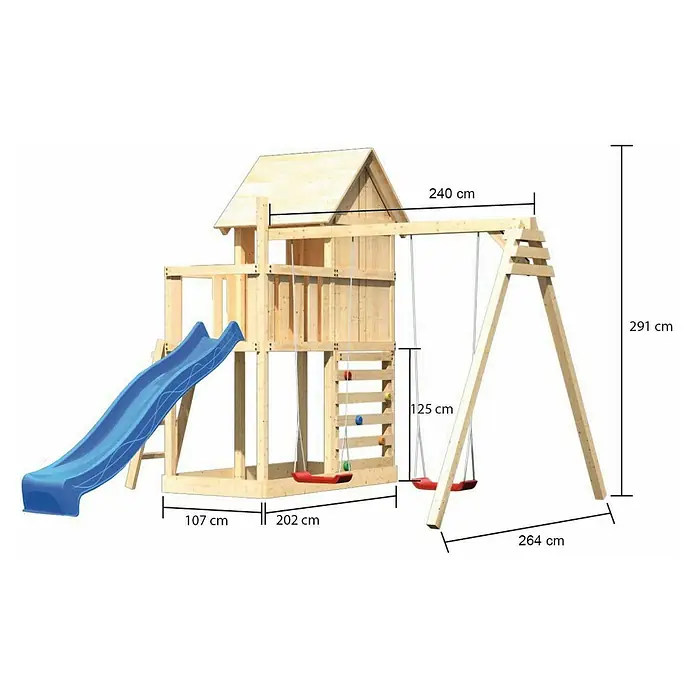 Karibu Kinderspielturm Frieda Set 35 - L x B x H: 264 x 347 x 291 cm, Natur - Abbildung eines Kinderspielplatzes aus Holz mit Rutsche und Schaukel, mit Maßen versehen.\n