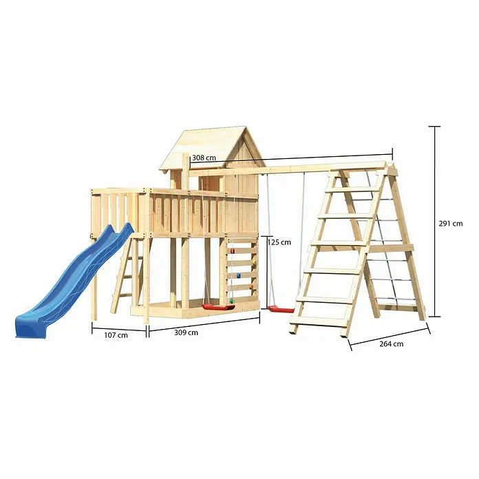 Karibu Kinderspielturm Frieda Set 53 - L x B x H: 309 x 415 x 291 cm, Natur - Abbildung eines Holzspielplatzes mit Rutsche, Schaukeln, Kletterwand und Leiter mit den Maßen 309x264x291 cm.