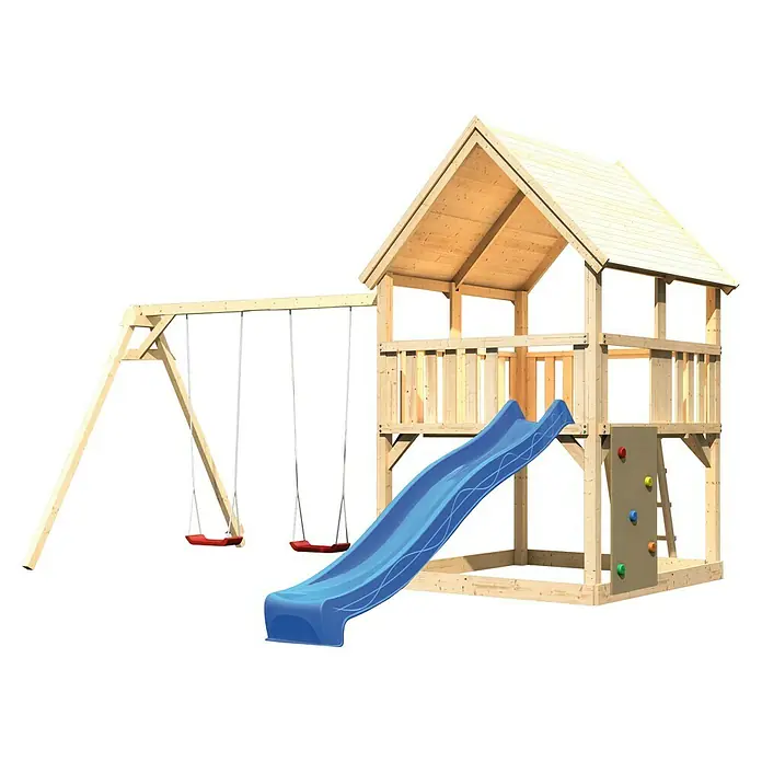 Karibu Kinderspielturm Luis Set 24 - L x B x H: 264 x 440 x 345 cm, Natur/Blau - Ein farbenfrohes Spielhaus mit Rutsche, Schaukeln und Kletterwand, perfekt für stundenlangen Spielspaß im Freien. Das robuste Holz sorgt für Sicherheit.