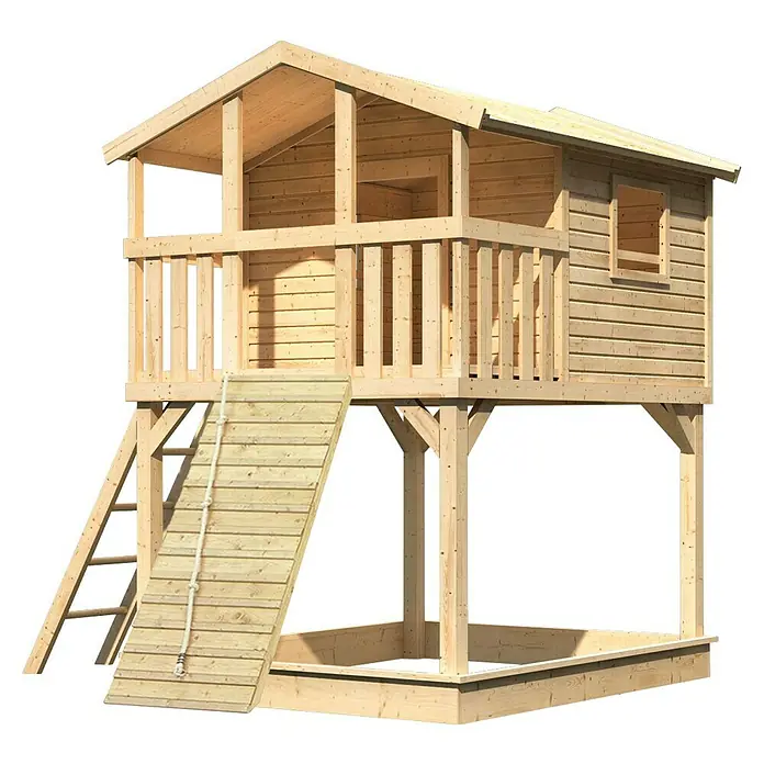 Karibu Spielhaus - L x B x H: 244 cm x 198 mm x 309 cm, Holz, Natur - Abenteuerlicher Spielturm aus Holz mit Leiter, Rutsche und Sandkasten für stundenlangen Spielspaß im Garten.