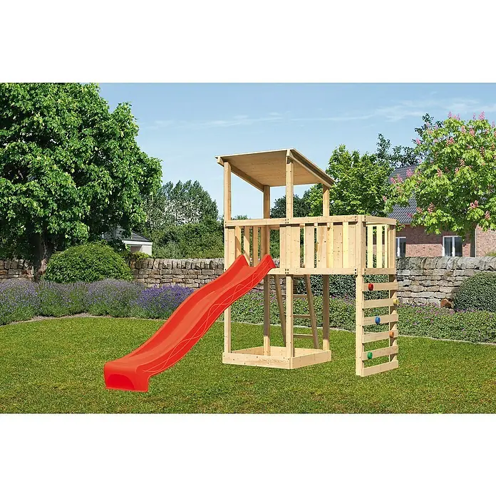 Karibu Kinderspielturm Anna Set 42L x B x H: 107 x 214 x 270 cm, Natur - Ein hölzerner Kinderspielturm mit roter Rutsche und Kletterwand im Garten. Perfekt für stundenlangen Spielspaß im Freien.