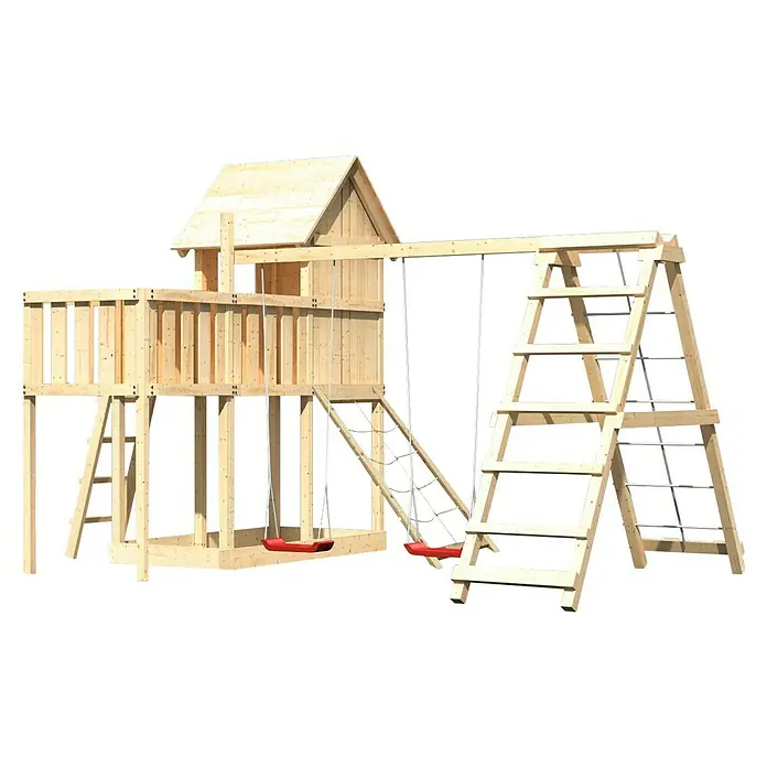 Karibu Kinderspielturm Frieda Set 44 - L x B x H: 309 x 415 x 291 cm, Natur - Ein hölzernes Kinderspielhaus mit Schaukeln, einer Leiter und einem Klettergerüst auf einem schwarzen Hintergrund. Das Spielhaus bietet vielseitigen Spielspaß im Freien.