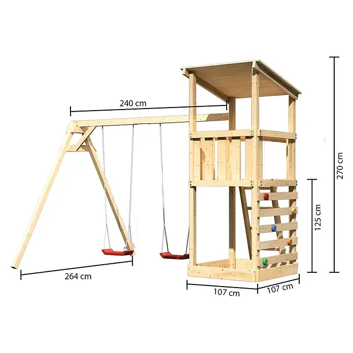 Karibu Kinderspielturm Anna Set 23 - L x B x H: 264 x 347 x 270 cm, Natur - Bild einer Kinderspielanlage aus Holz mit Schaukel und Kletterturm, inklusive Maßangaben für Länge, Höhe und Breite.