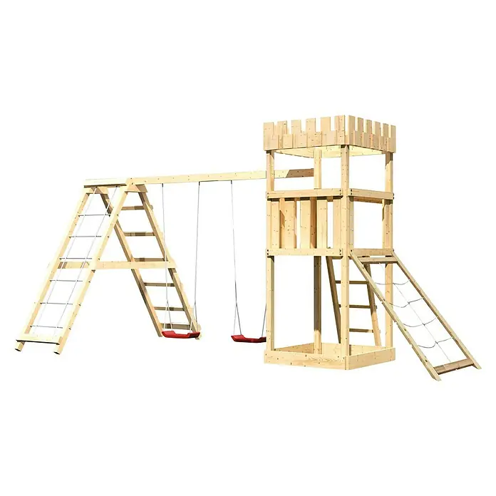 Karibu Kinderspielturm Ritterburg Löwenherz Set 22 - L x B x H: 264 x 415 x 259,5 cm, Natur - Ein hölzernes Spielplatzgerüst mit Schaukeln, Leiter und Turm. Ideal für Kinder zum Spielen im Garten.