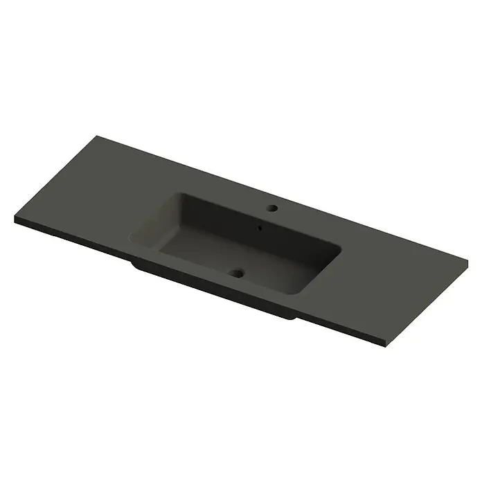 Lavabo Zeppelin - 120,5 x 45,5 cm, Sin esmalte especial, Orificios para grifo: Medio, Con desbordamiento, Antracita - Encimera de baño gris moderna con lavabo integrado y orificios para grifo. El diseño es elegante y contemporáneo.