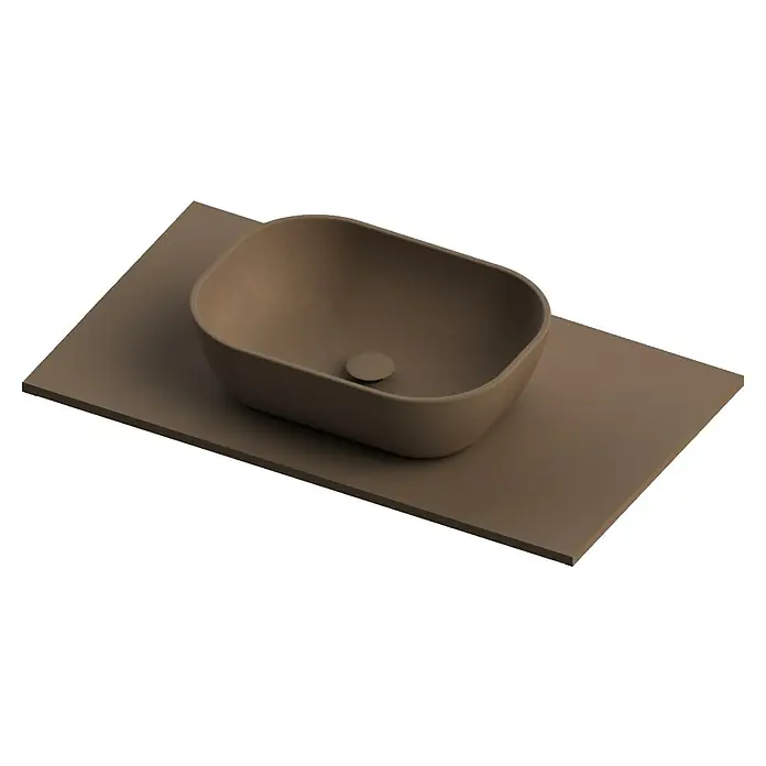 Lavabo y encimera Stadium - 46 x 81 cm, Cacao - Vista superior de un moderno lavabo rectangular en un suave tono marrón, asentado sobre una encimera a juego. Diseño de baño elegante.