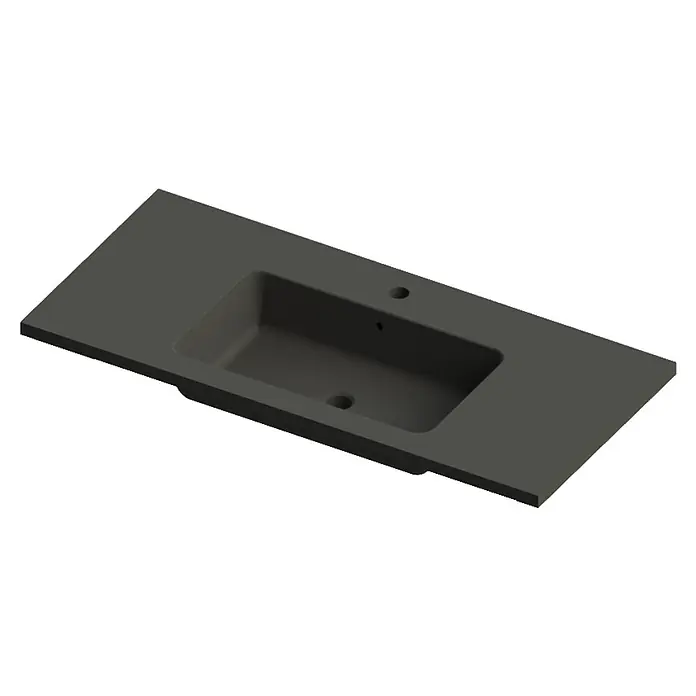 Lavabo Zeppelin - 100,5 x 45,5 cm, Sin esmalte especial, Orificios para grifo: Medio, Con desbordamiento, Antracita - Imagen de un moderno lavabo negro con poza integrada y orificio para grifo. Diseño simple y elegante para baños.