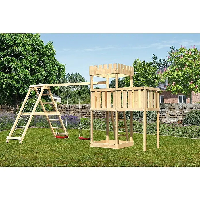 Karibu Kinderspielturm Ritterburg Löwenherz Set 20 - L x B x H: 264 x 522 x 259,5 cm, Natur - Holzspielplatz mit Schaukel und Turm. Perfekt für stundenlangen Spaß im Garten mit Klettergerüst, Schaukeln und Aussichtsturm.