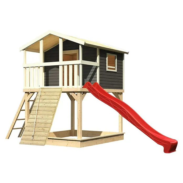 Karibu Spielhaus Benjamin Set 18 - L x B x H: 244 cm x 198 mm x 309 cm, Holz, Terragrau - Abenteuerlicher Spielturm mit Rutsche und Sandkasten für stundenlangen Spielspaß im Freien. Ideal für fantasievolle Kinder.