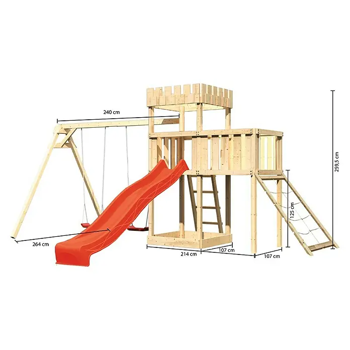 Karibu Kinderspielturm Ritterburg Löwenherz Set 48 - L x B x H: 264 x 454 x 259,5 cm - Abbildung eines naturbelassenen Holzspielturms mit Rutsche und Schaukel, ideal für Kinder zum Spielen und Klettern im Freien.