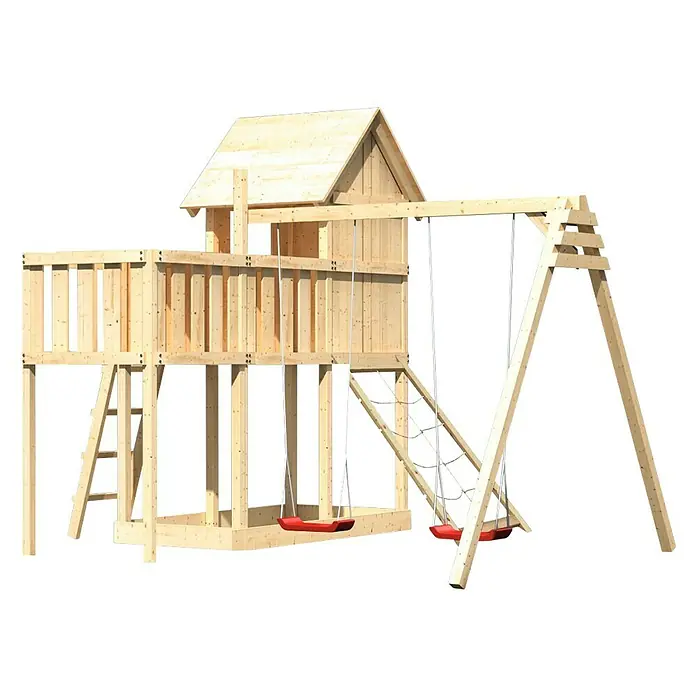 Karibu Kinderspielturm Frieda Set 43 - L x B x H: 309 x 347 x 291 cm, Natur - Ein hölzernes Spielhaus mit Rutsche und Schaukel, ideal für den Garten und zum Austoben für Kinder.