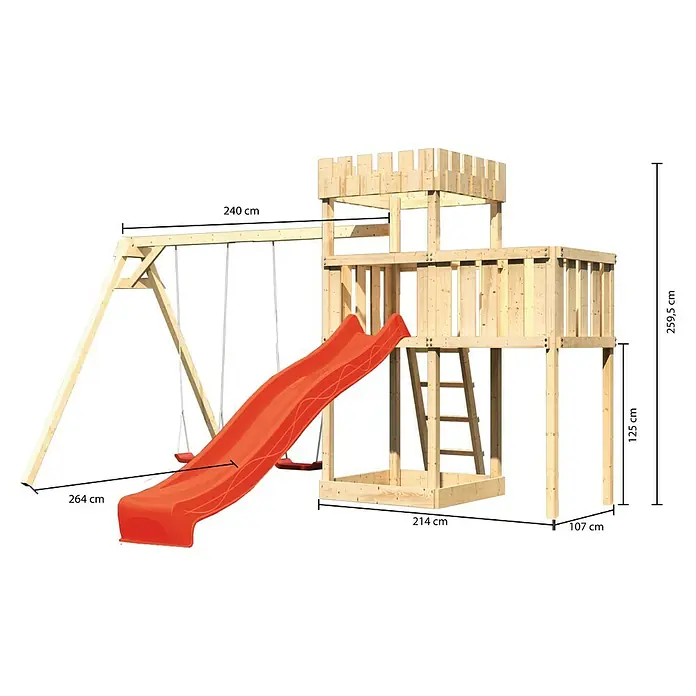 Karibu Kinderspielturm Ritterburg Löwenherz Set 28 - L x B x H: 264 x 454 x 259,5 cm, Natur/Rot - Abenteuerlicher Spielturm mit Rutsche und Schaukel. Der Turm bietet mit seinen Maßen viel Platz zum Spielen und Toben im Freien.