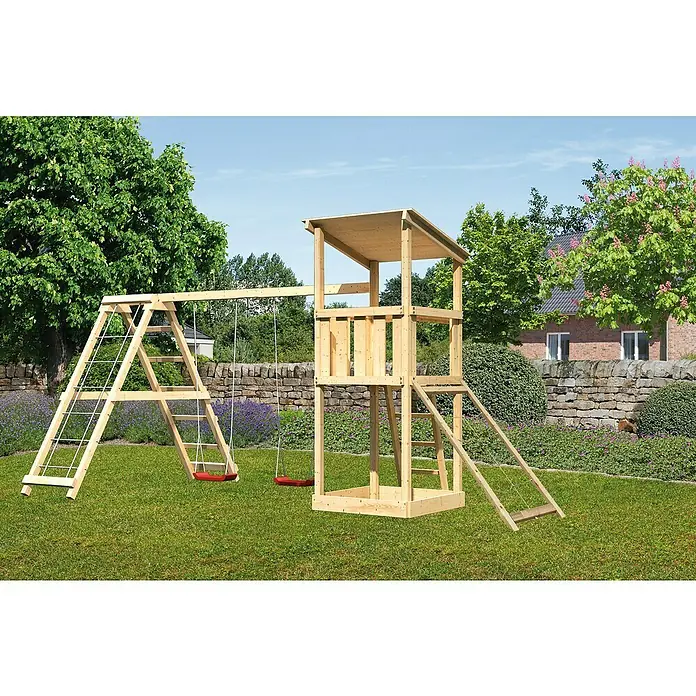Karibu Kinderspielturm Anna Set 22 - L x B x H: 264 x 415 x 270 cm, Natur - Hölzernes Kinderspielgerüst mit Schaukel und Turm im Garten. Ideal für aktive Kinder, um draußen Spaß zu haben.