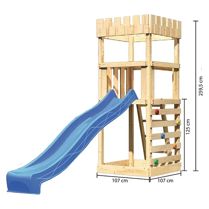 Karibu Kinderspielturm Ritterburg Löwenherz Set 17 - L x B x H: 107 x 107 x 259,5 cm, Natur/Blau - Ansicht des Spielturms mit Rutsche. Das Spielgerät ist aus Holz und hat eine blaue Rutsche. Abmessungen sind auf dem Bild dargestellt.