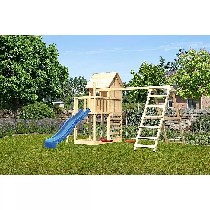 Karibu Kinderspielturm Frieda Set 37 - L x B x H: 264 x 415 x 291 cm, Natur - Hölzernes Spielgerüst mit blauer Rutsche und roten Schaukeln zum Spielen.