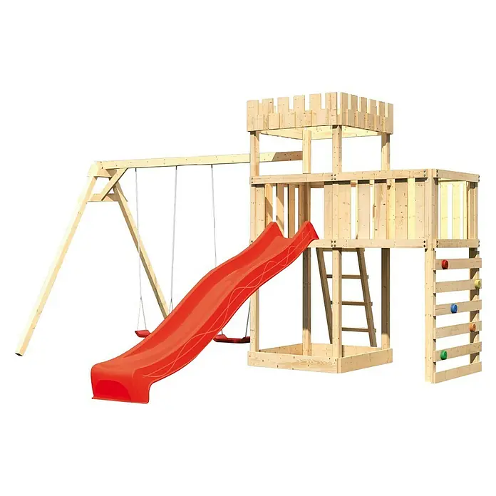 Karibu Kinderspielturm Ritterburg Löwenherz Set 52 - L x B x H: 264 x 454 x 259,5 cm, Natur/Rot - Ein Holzspielplatz mit Rutsche, Schaukel und Kletterturm bietet abenteuerlichen Spaß im Garten.