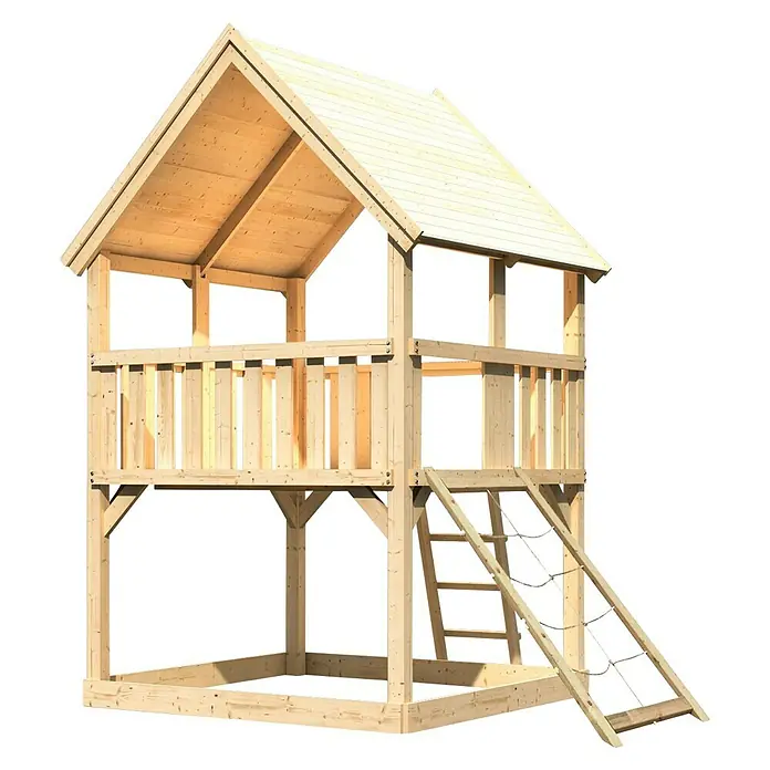 Karibu Kinderspielturm Luis Set 6 - L x B x H: 200 x 200 x 345 cm, Natur - Holzspielhaus mit Leiter, zweistöckig, für Kinder zum Spielen und Klettern im Garten. Ideal für fantasievolle Abenteuer.