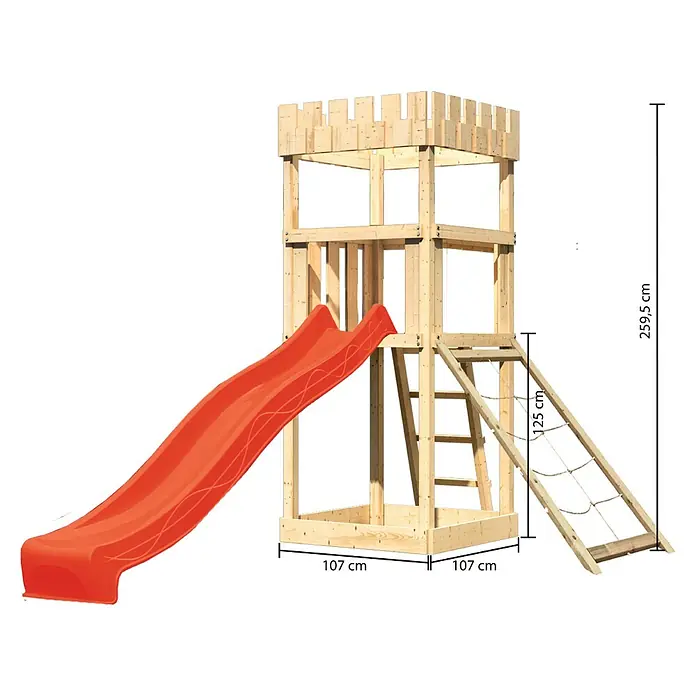 Karibu Kinderspielturm Ritterburg Löwenherz Set 16 - L x B x H: 107 x 107 x 259,5 cm, Natur/Rot - Abbildung eines hölzernen Kinderspielturms mit Rutsche und Klettergerüst, ideal für den Garten, mit Größenangaben.