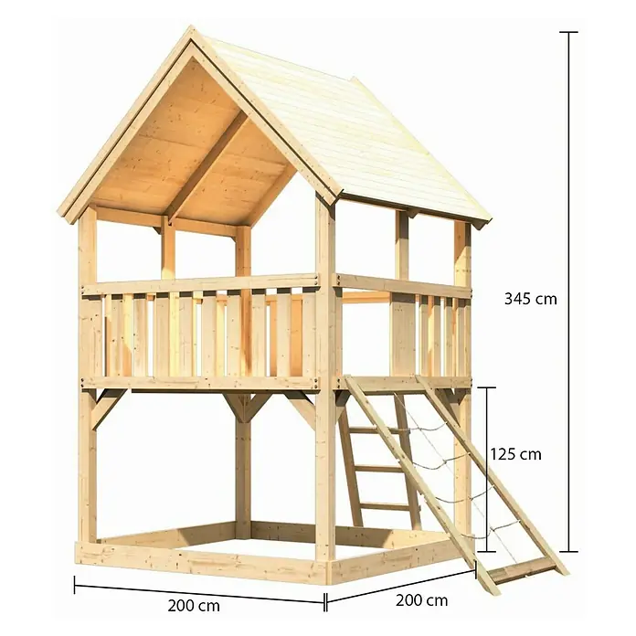 Karibu Kinderspielturm Luis Set 6 - L x B x H: 200 x 200 x 345 cm, Natur - Abbildung eines zweistöckigen Spielhauses aus Holz mit den Maßen 200 x 200 x 345 cm.