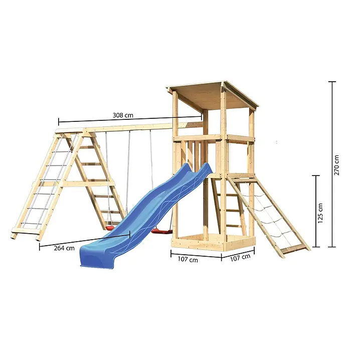 Karibu Kinderspielturm Anna Set 33 - L x B x H: 264 x 415 x 270 cm, Natur - Abbildung eines Holzspielplatzes mit Schaukel, Rutsche und Kletterturm, inklusive Maßangaben.
