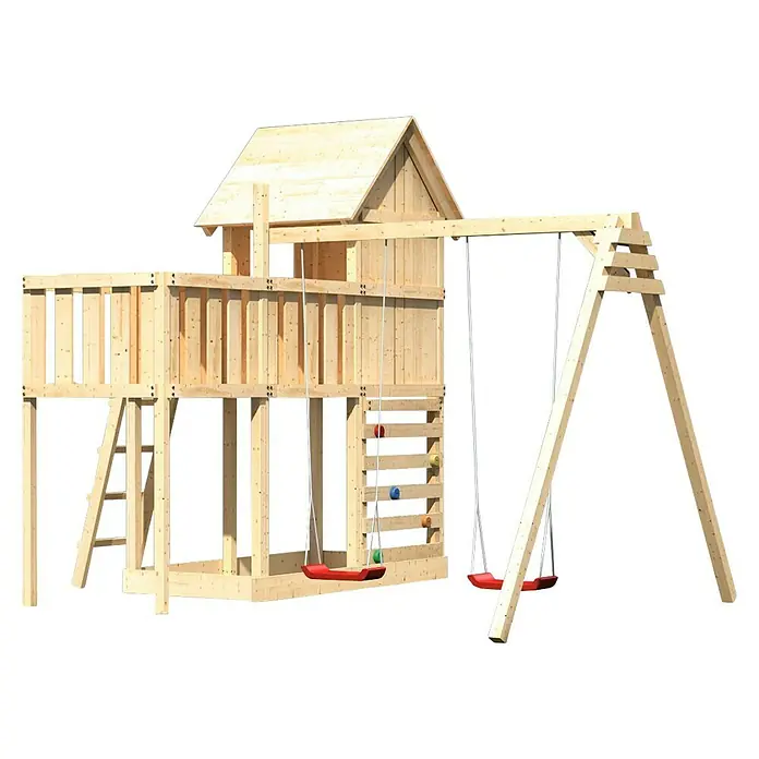 Karibu Kinderspielturm Frieda Set 45 - L x B x H: 264 x 247 x 291 cm, Natur - Ein geräumiges Holzspielhaus mit Schaukel und Kletterwand für stundenlangen Spielspaß im Garten.