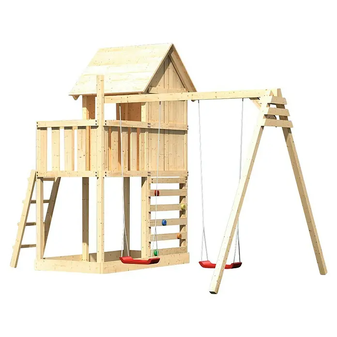 Karibu Kinderspielturm Frieda Set 23 - L x B x H: 264 x 347 x 291 cm, Natur - Holzspielplatz mit Schaukeln, Kletterwand und Spielhaus für Kinder zum Austoben im Garten.
