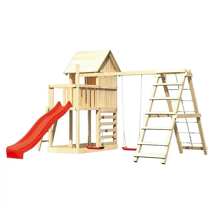 Karibu Kinderspielturm Frieda Set 38 - L x B x H: 264 x 415 x 291 cm, Natur - Ein Holzspielplatz mit Rutsche, Schaukeln und Klettergerüst, ideal für Kinder zum Spielen und Spaß haben im Garten.