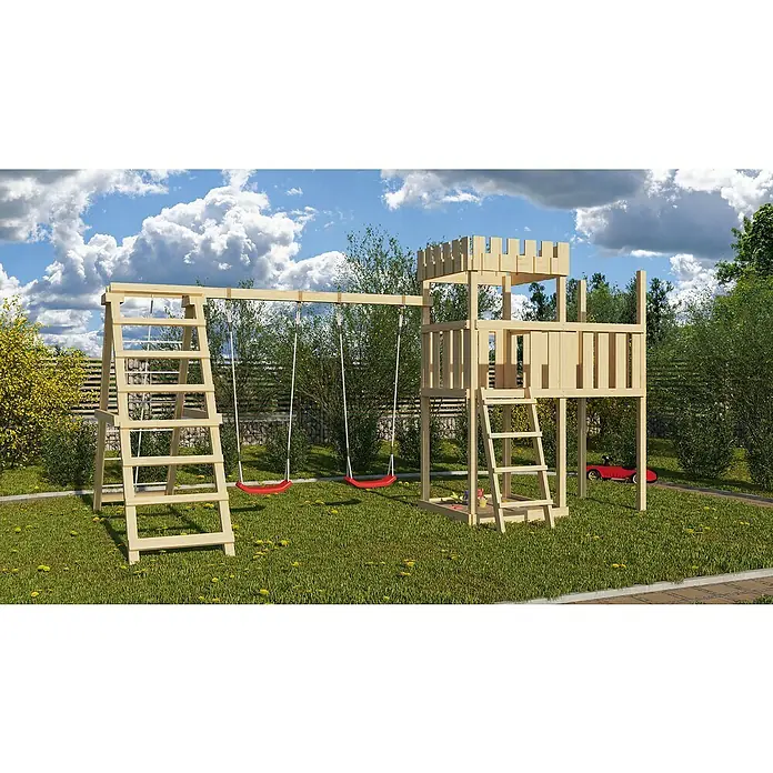 Karibu Kinderspielturm Ritterburg Löwenherz Set 20 - L x B x H: 264 x 522 x 259,5 cm, Natur - Ein hölzerner Spielplatz mit Schaukeln, einer Leiter und einem Turm, ideal für Spaß im Freien und aktive Erholung im Garten.