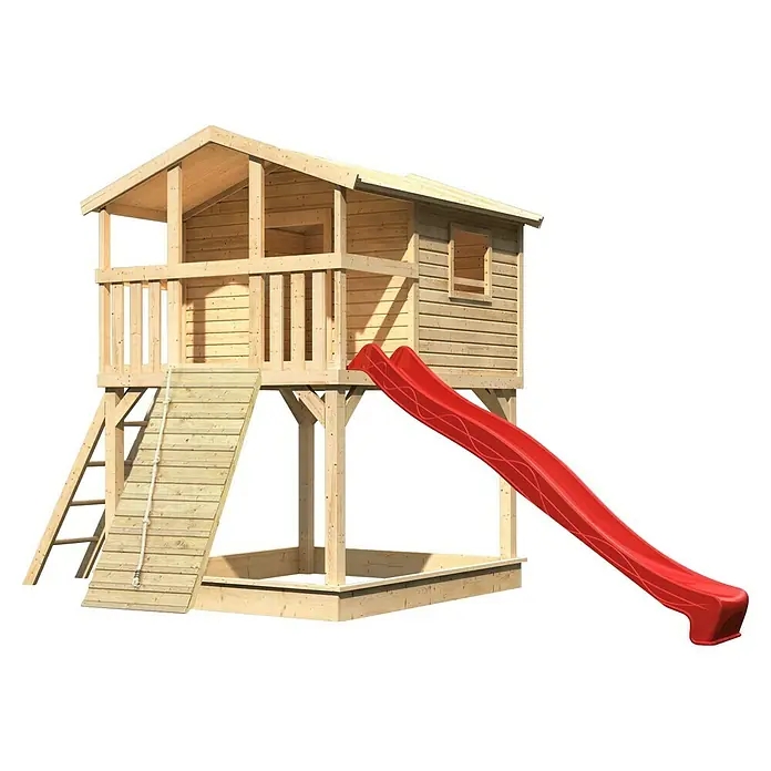 Karibu Spielhaus Benjamin Set 16 - L x B x H: 244 cm x 198 mm x 309 cm, Holz, Natur - Detailaufnahme eines hölzernen Spielhauses mit Rutsche und Sandkasten, ideal für fantasievolles Spielen im Freien.