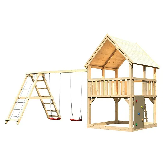 Karibu Kinderspielturm Luis Set 19 - L x B x H: 264 x 508 x 345 cm, Natur - Holzspielhaus mit Schaukel, Kletterwand und Leiter, ideal für Kinder zum Spielen und Austoben im Garten.