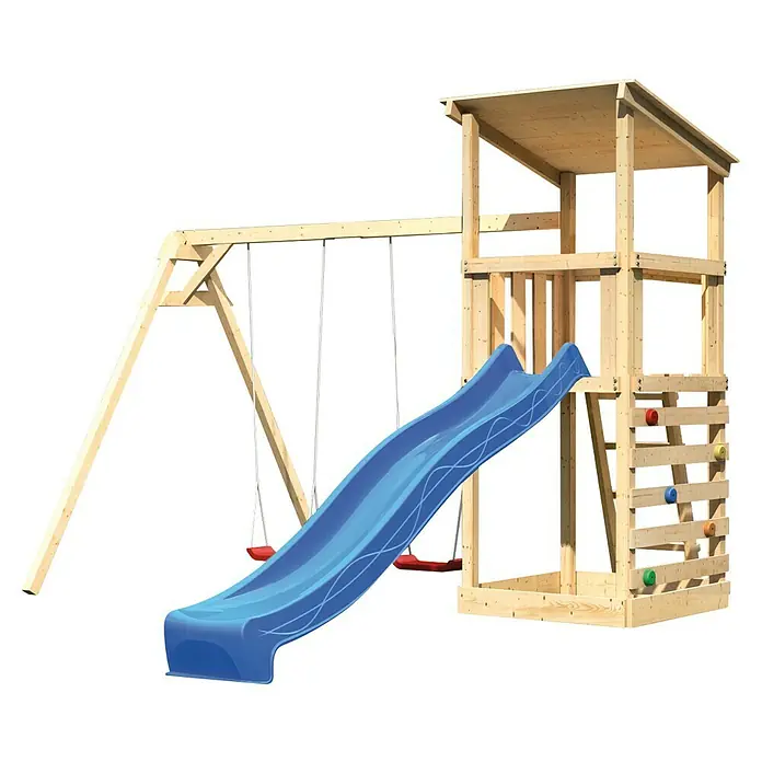 Karibu Kinderspielturm Anna Set 35 - L x B x H: 264 x 347 x 270 cm, Natur - Ein hölzerner Spielplatz mit Schaukel, Rutsche und Kletterwand bietet Kindern vielfältige Spielmöglichkeiten im Freien.