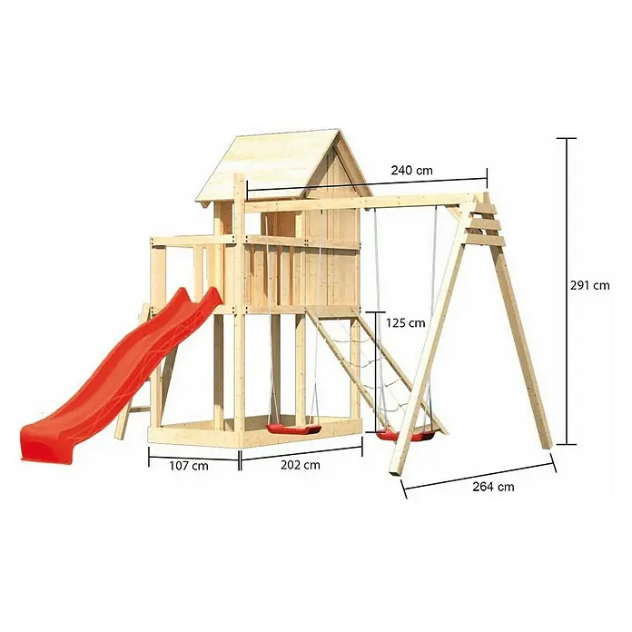 Karibu Kinderspielturm Frieda Set 32 - L x B x H: 264 x 347 x 291 cm, Natur - Abbildung eines Spielplatzes mit Rutsche, Schaukel und Kletterwand, die viel Spaß im Freien versprechen.