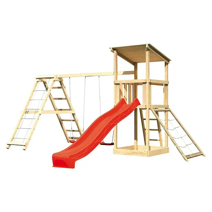 Karibu Kinderspielturm Anna Set 34 - L x B x H: 264 x 415 x 270 cm, Natur - Abenteuerlicher Holzspielplatz mit Rutsche, Schaukel und Kletterturm für stundenlangen Spielspaß im Garten. Das perfekte Outdoor-Spielset für Kinder!
