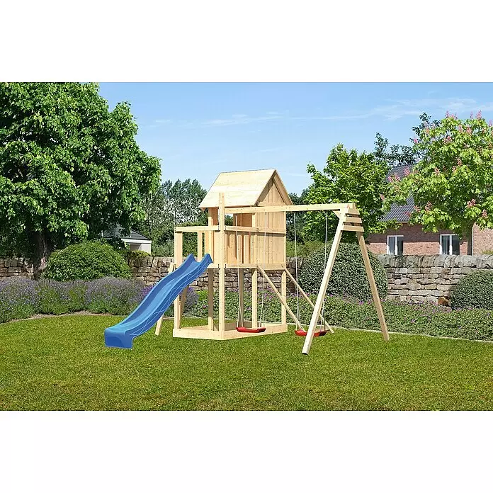 Karibu Kinderspielturm Frieda Set 31 - L x B x H: 264 x 347 x 291 cm, Natur - Holzspielturm mit blauer Rutsche und roten Schaukeln im Garten. Ideal für aktives Spielen im Freien.