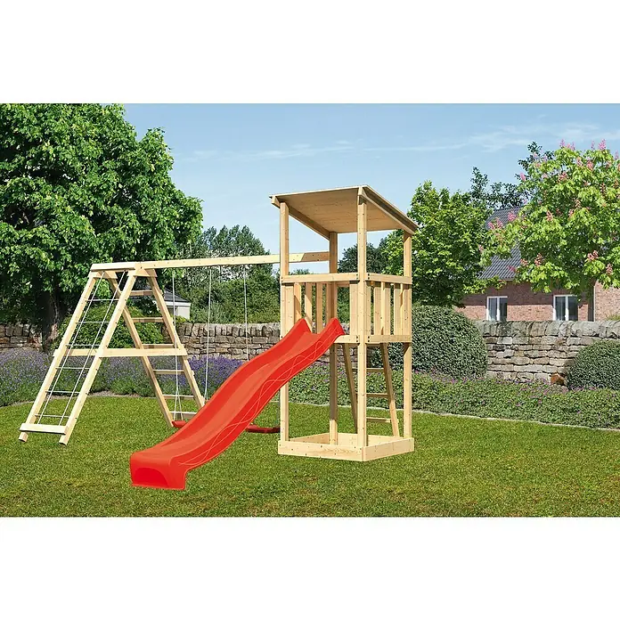 Karibu Kinderspielturm Anna Set 12 - L x B x H: 264 x 415 x 270 cm, Natur - Kinderspielplatz mit Turm, Rutsche und Schaukel. Das Spielgerät ist aus Holz gefertigt und steht auf einer grünen Rasenfläche.