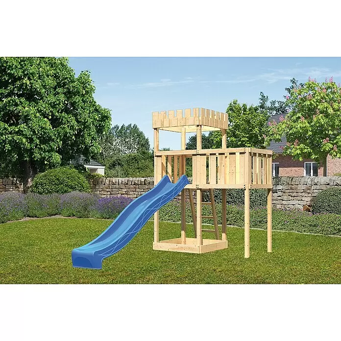 Karibu Kinderspielturm Ritterburg Löwenherz Set 13 - L x B x H: 107 x 214 x 259,5 cm, Natur/Blau - Hölzerner Spielturm mit blauer Rutsche, Burgzinnen und Leiter.