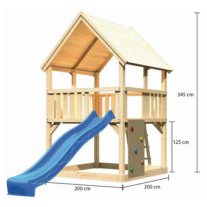 Karibu Kinderspielturm Luis Set 14 - L x B x H: 200 x 200 x 345 cm, Natur/Blau - Abbildung eines hölzernen Spielhauses mit Rutsche, Kletterwand und den Maßen 200 x 200 x 345 cm.